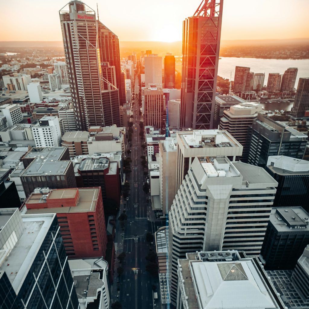 Commercial high-rise exterior in clear weather